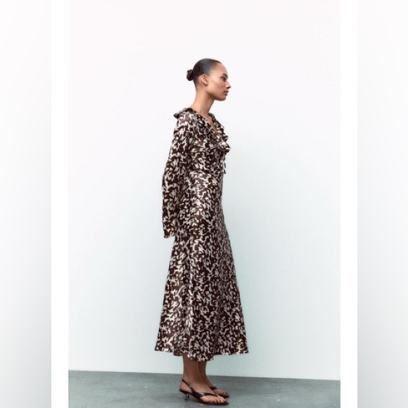 ZARA ~ Printed Satin Effect Midi Dress with Ruffles - Picture 9 of 12